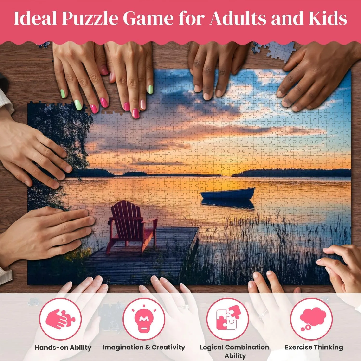 Wooden Puzzles Sunset Lake Wooden pier Fishing Boat Sunset Finland Jigsaw Puzzles for Adults 1000 Pieces Impossible Puzzle Challenging Puzzle Educational Toys Decompression Game