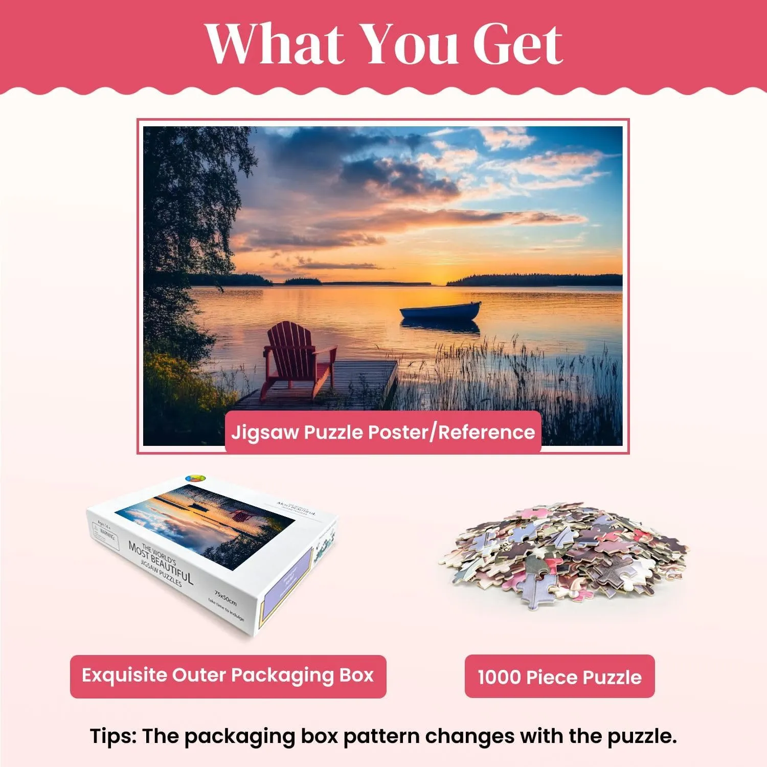 Wooden Puzzles Sunset Lake Wooden pier Fishing Boat Sunset Finland Jigsaw Puzzles for Adults 1000 Pieces Impossible Puzzle Challenging Puzzle Educational Toys Decompression Game