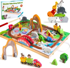 Wooden Take Along Train Set, Zoo Theme Parties, Magnetic Fishing Game Animal Stacking Game, Portable Train Toy for Traveling, Gift for 2 Year Old Boy, 25 Pcs