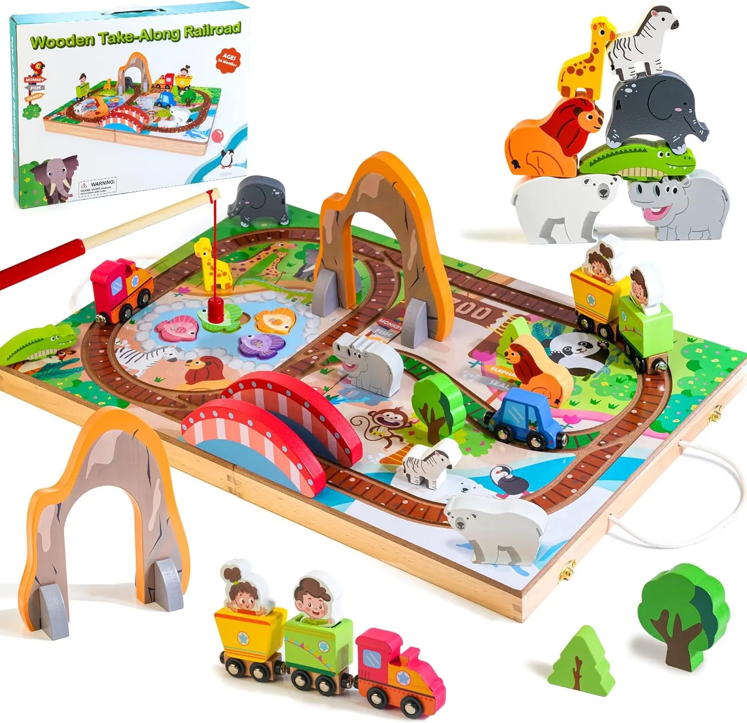 Wooden Take Along Train Set, Zoo Theme Parties, Magnetic Fishing Game Animal Stacking Game, Portable Train Toy for Traveling, Gift for 2 Year Old Boy, 25 Pcs
