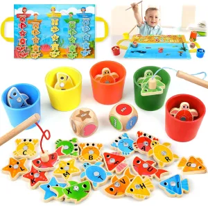 Wooden Toddler Toys Fishing Game: Montessori Sensory Toys for 1 2 3 Year Old Boys Girls - Birthday Baby Gifts for 1 2 3 Year Olds