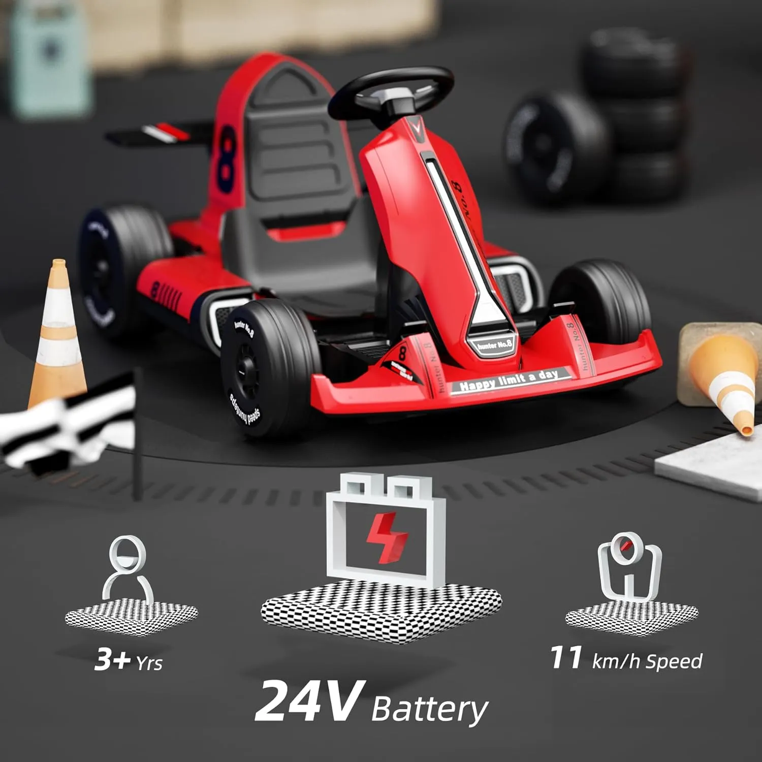 XJD 24V 7Ah Battery Electric Go Kart with Adjustable Seat, Powered Pedal Go Karts for 3  Kids Youths on Car Electric Vehicle Car for Boys Girls 7.5MPH (Red, 24V)