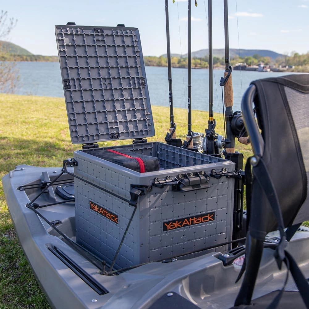 YakAttack BlackPak Pro 13" x 16" Kayak Fishing Crate with 4 Rod Holders - Battleship Grey | Tackle Storage Box & Gear Organizer for Kayaks | Lightweight, Durable & Customizable Marine Accessory