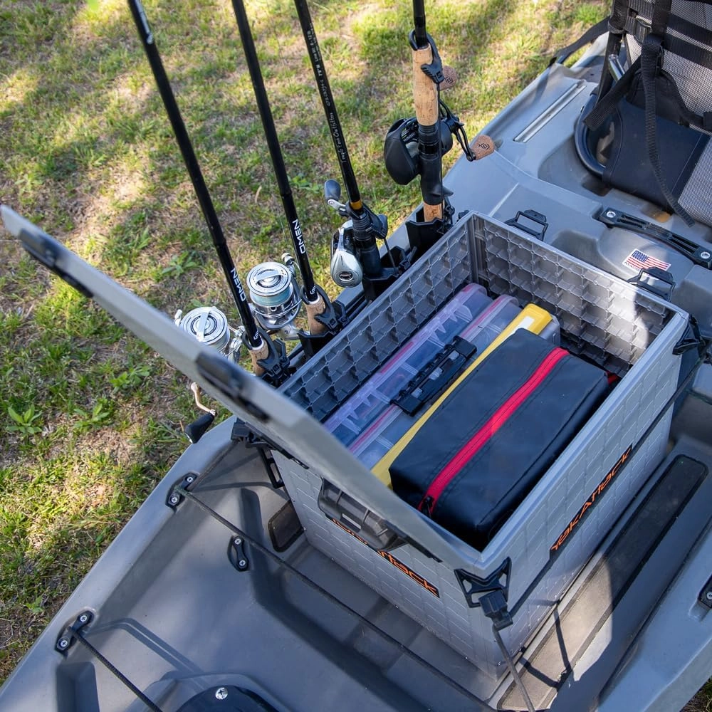 YakAttack BlackPak Pro 13" x 16" Kayak Fishing Crate with 4 Rod Holders - Battleship Grey | Tackle Storage Box & Gear Organizer for Kayaks | Lightweight, Durable & Customizable Marine Accessory