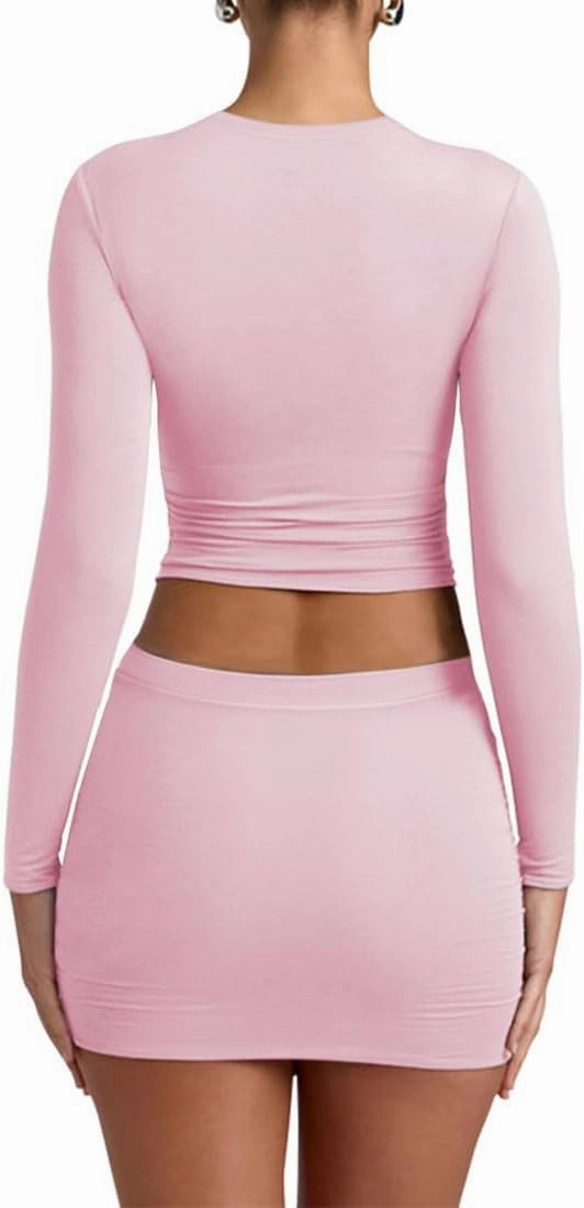 YFANG Women's Sexy Two Pieces Pencil Mini Skirt Set Long Sleeve Crew Neck Crop Top Short Bodycon Skirt Outfits
