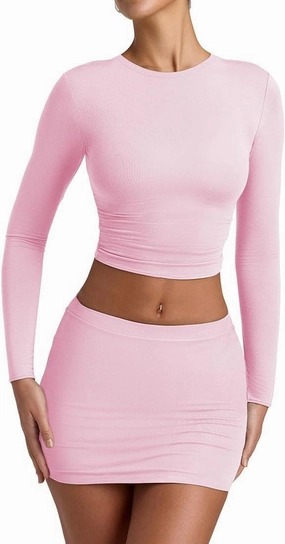 YFANG Women's Sexy Two Pieces Pencil Mini Skirt Set Long Sleeve Crew Neck Crop Top Short Bodycon Skirt Outfits