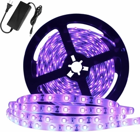 YGS-Tech Super Bright 60 Watts UV Black Light LED Strip, 16.4FT/5M 3528 300LEDs 395nm-405nm Non-Waterproof Blacklight with Power Supply, for Night Fishing, Black Party