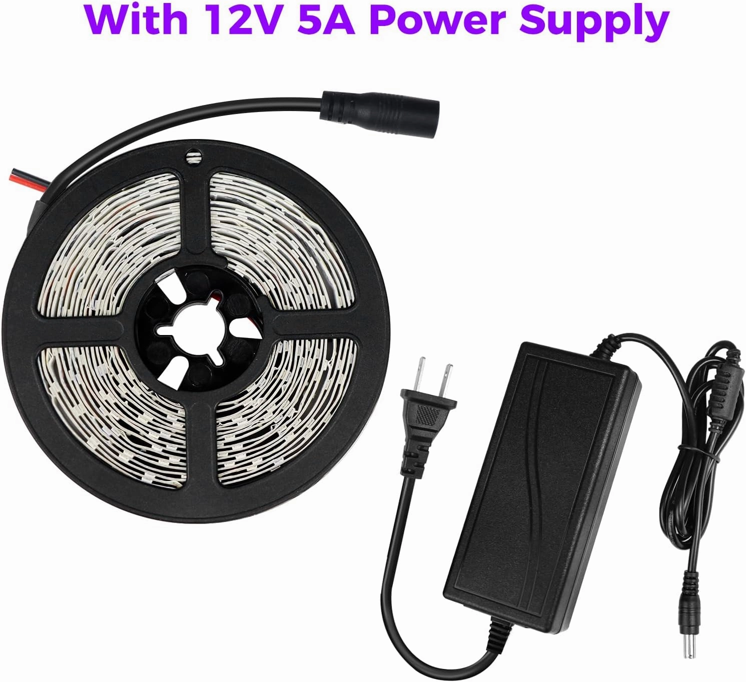 YGS-Tech Super Bright 60 Watts UV Black Light LED Strip, 16.4FT/5M 3528 300LEDs 395nm-405nm Non-Waterproof Blacklight with Power Supply, for Night Fishing, Black Party