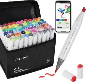 YHC 60 Alcohol Markers with Free App,Double headed Art Marker with Kickstand Case for Adults and Kids, Alcohol Based Dual Brush & Chisel Tips Markers for Painting, Sketching, Drawing