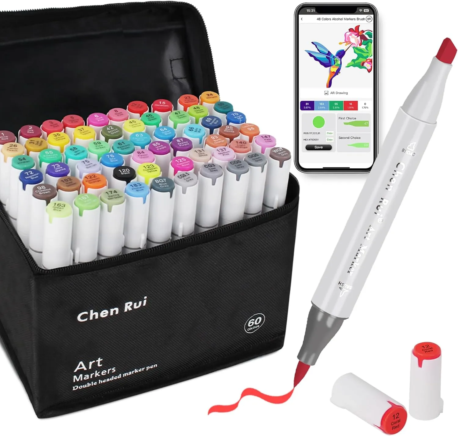 YHC 60 Alcohol Markers with Free App,Double headed Art Marker with Kickstand Case for Adults and Kids, Alcohol Based Dual Brush & Chisel Tips Markers for Painting, Sketching, Drawing