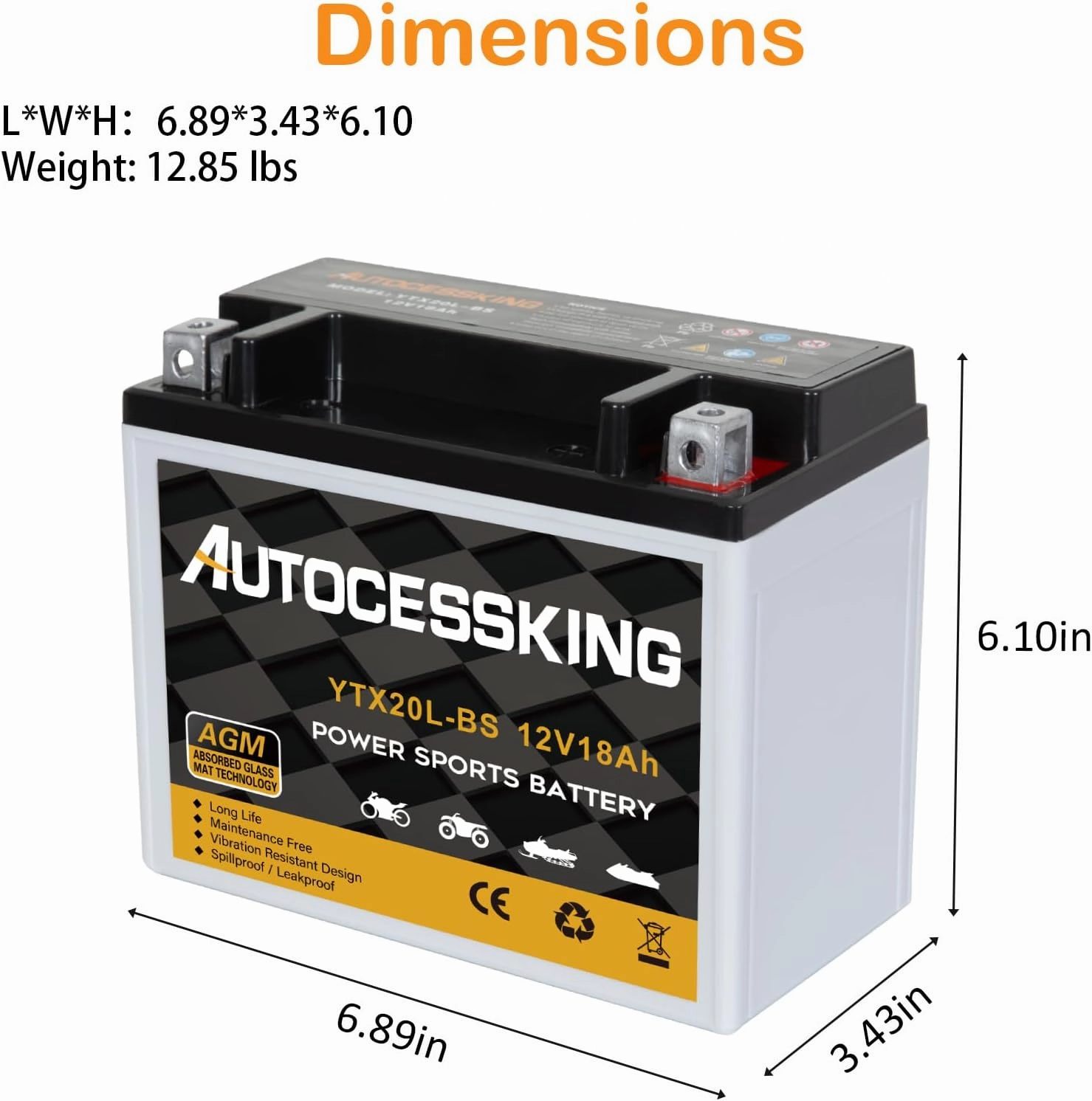 YTX20L-BS 12V 18AH Motorcycle Battery, Rechargeable Sealed AGM Battery Maintenance Free Powersport Replacement Battery for ATV and Scooter