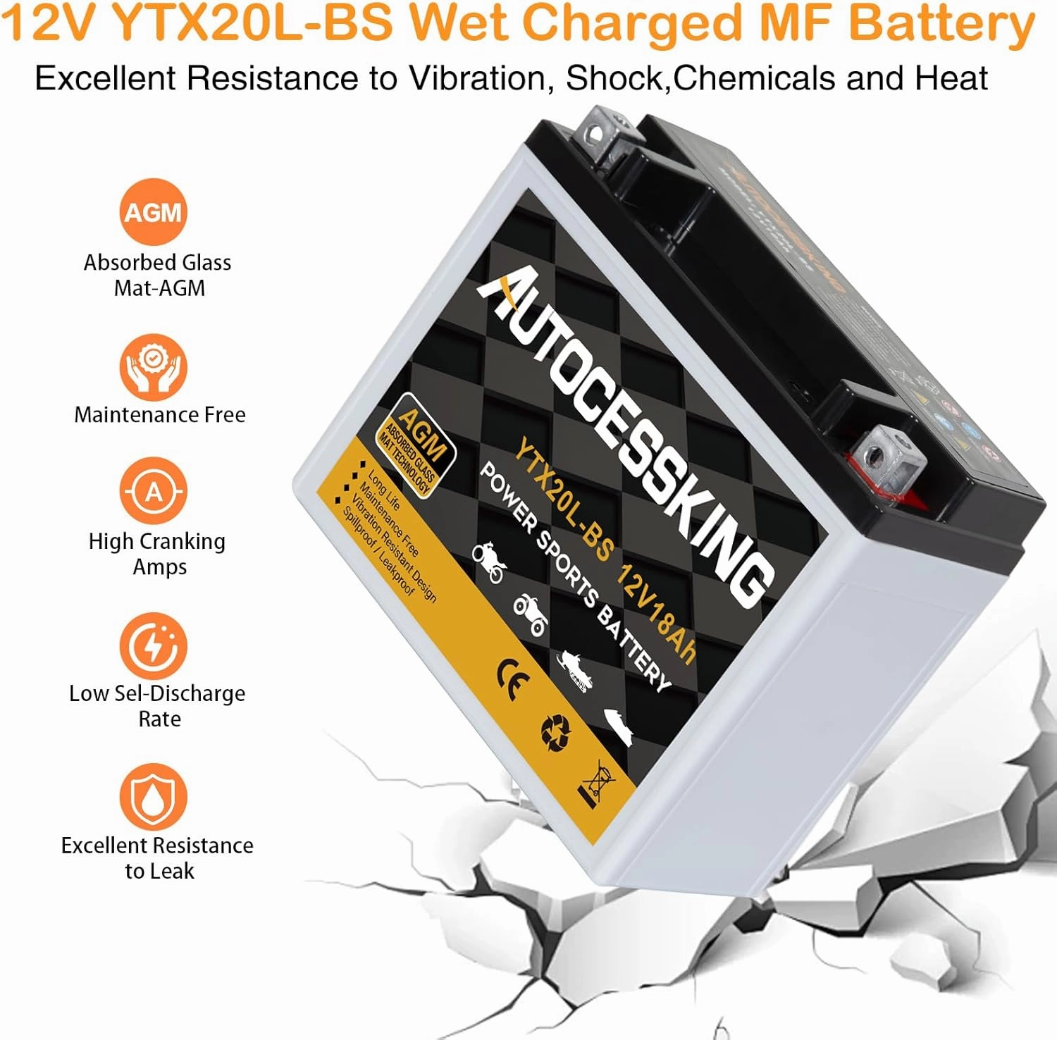 YTX20L-BS 12V 18AH Motorcycle Battery, Rechargeable Sealed AGM Battery Maintenance Free Powersport Replacement Battery for ATV and Scooter