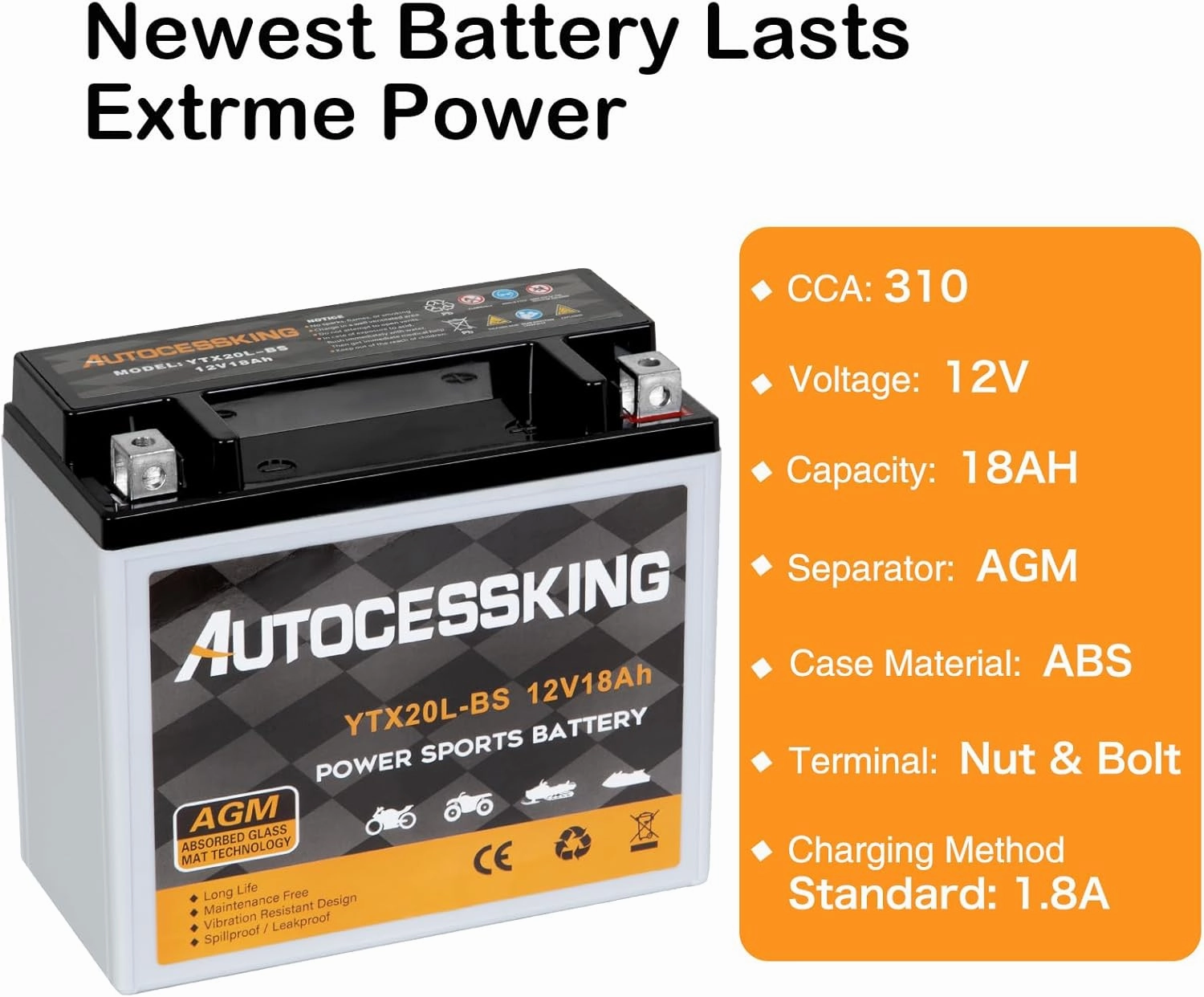 YTX20L-BS 12V 18AH Motorcycle Battery, Rechargeable Sealed AGM Battery Maintenance Free Powersport Replacement Battery for ATV and Scooter