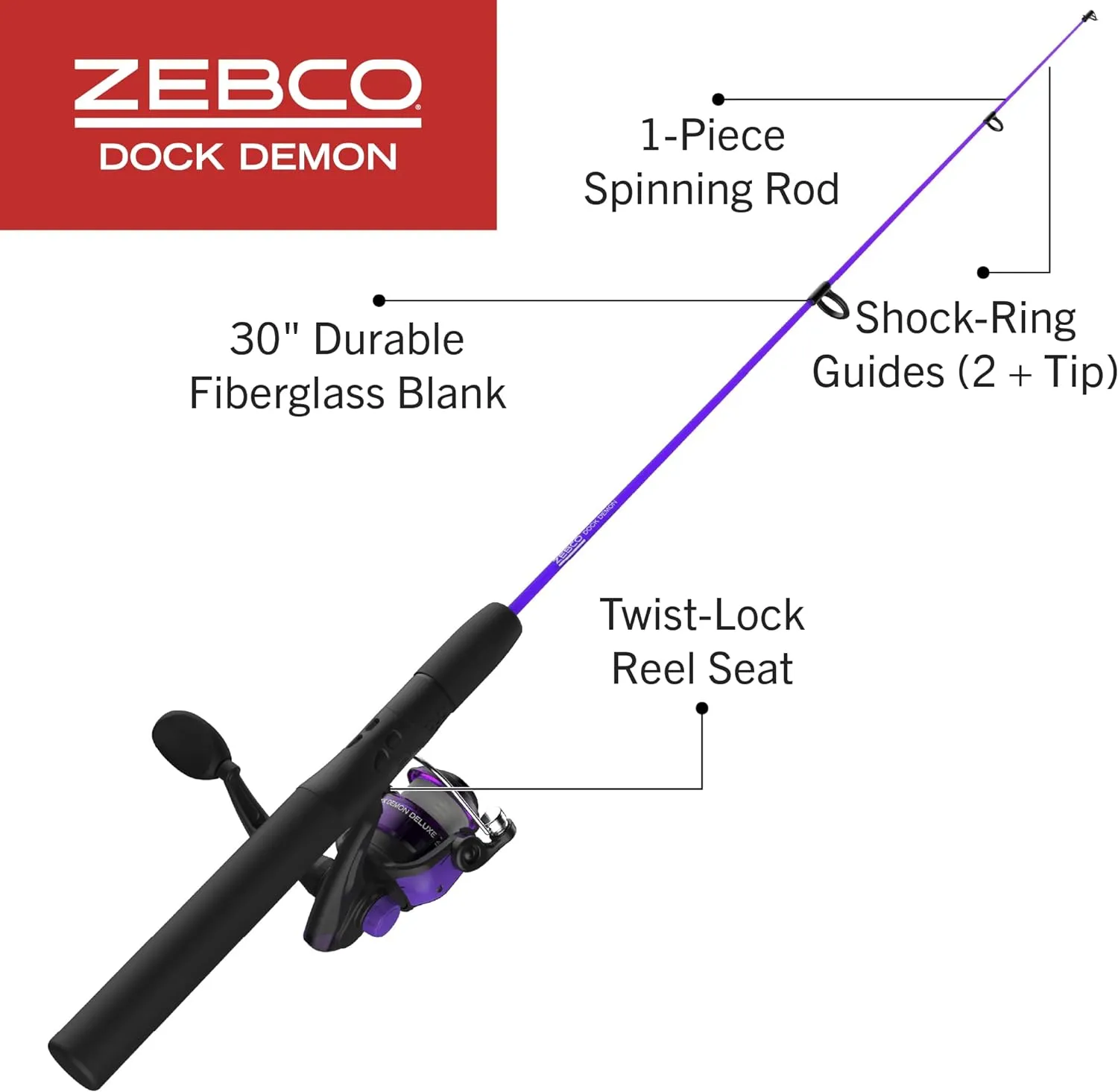 Zebco Dock Demon Spinning Reel or Spincast Reel and Fishing Rod Combo, 30-Inch Durable Fiberglass Rod, QuickSet Anti-Reverse Fishing Reel