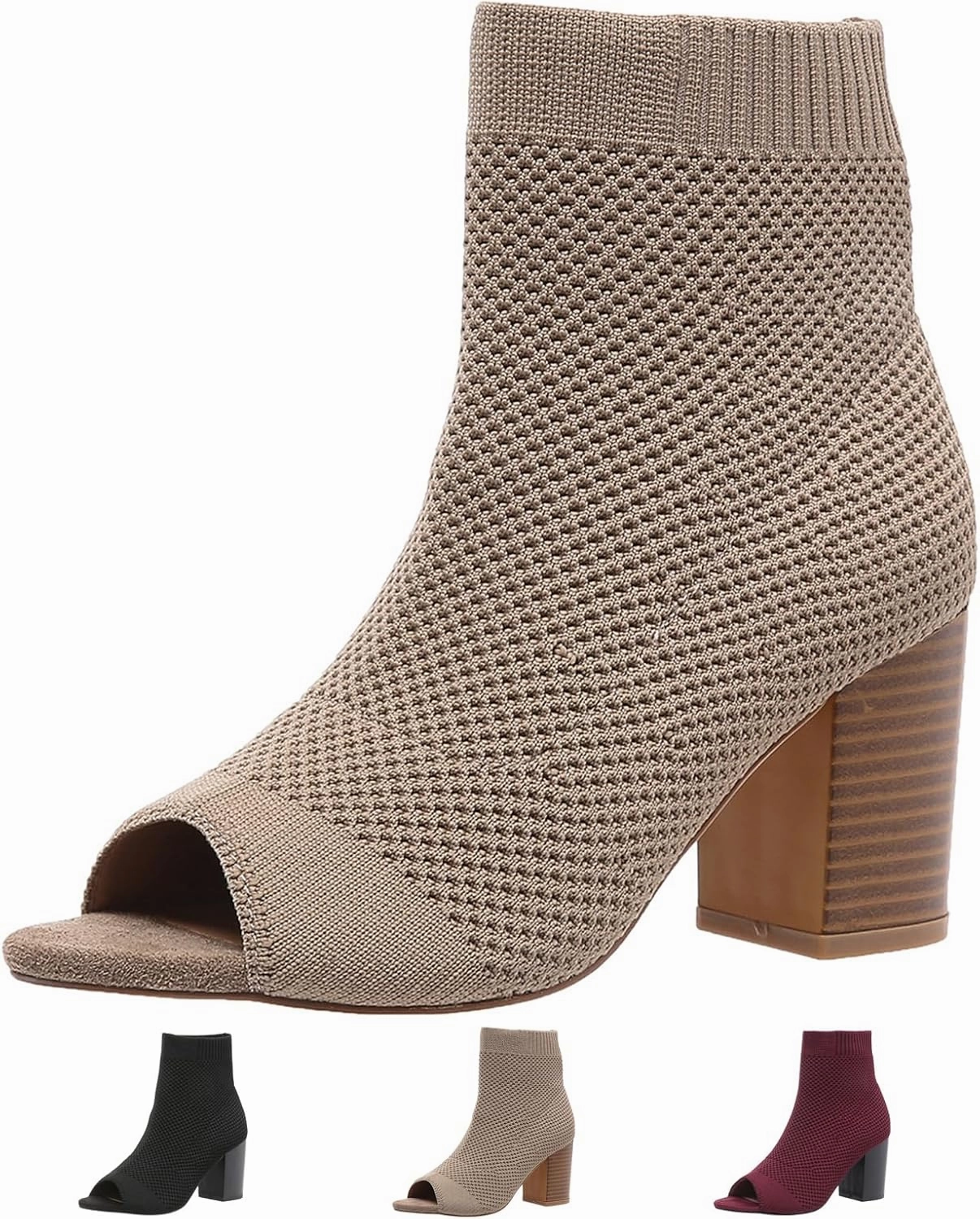 Zeberfi Women's Knit Peep Toe Chunky Block Heel Ankle Boots Fashion Open Pointed Toe Breathable Heeled Sandals Summer Casual Slip On Dress Sock Booties