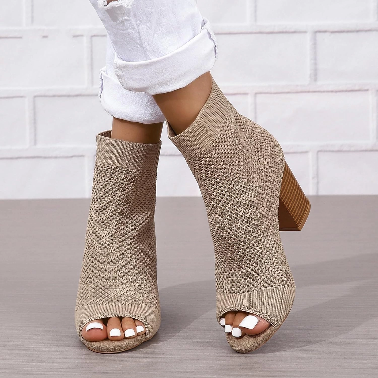 Zeberfi Women's Knit Peep Toe Chunky Block Heel Ankle Boots Fashion Open Pointed Toe Breathable Heeled Sandals Summer Casual Slip On Dress Sock Booties