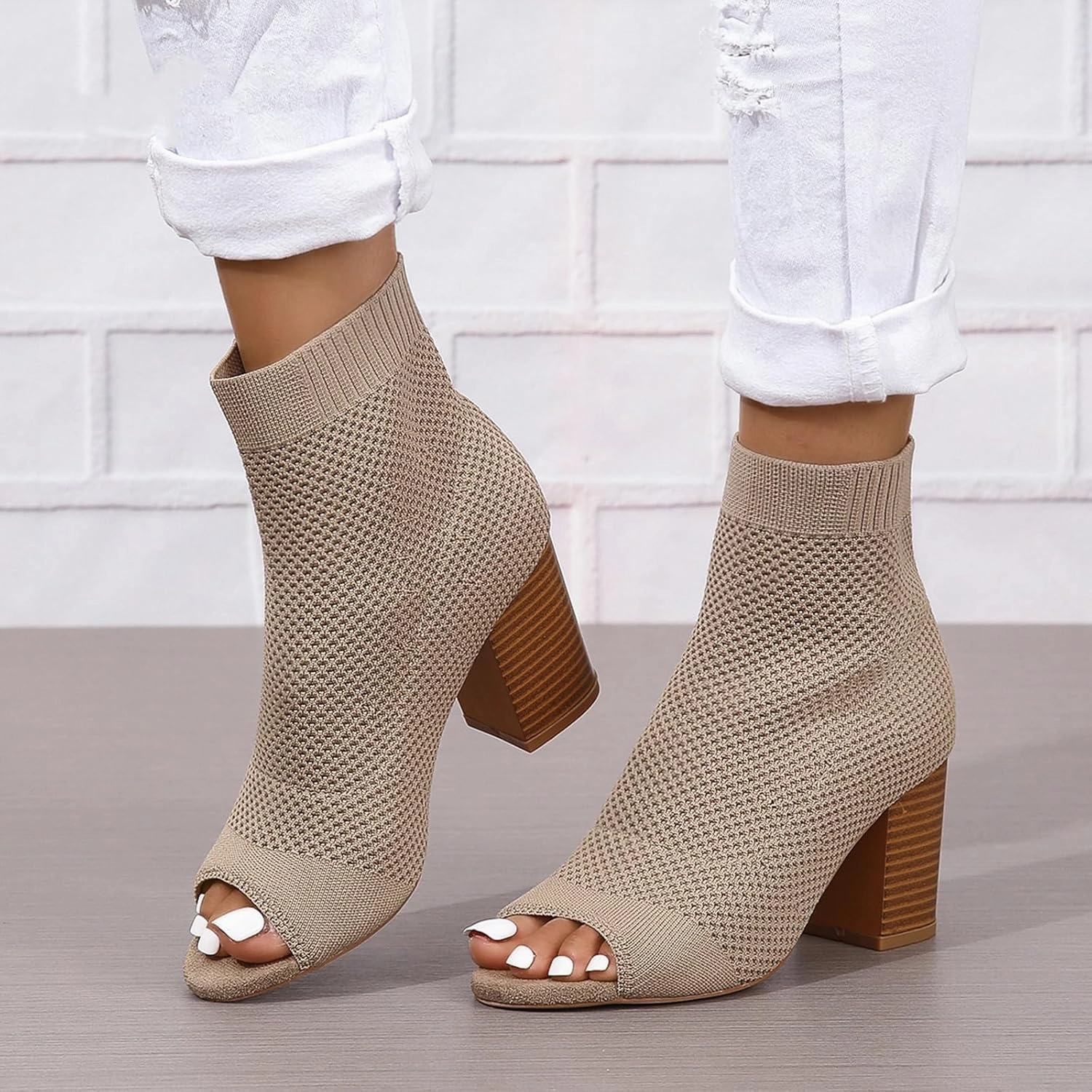 Zeberfi Women's Knit Peep Toe Chunky Block Heel Ankle Boots Fashion Open Pointed Toe Breathable Heeled Sandals Summer Casual Slip On Dress Sock Booties