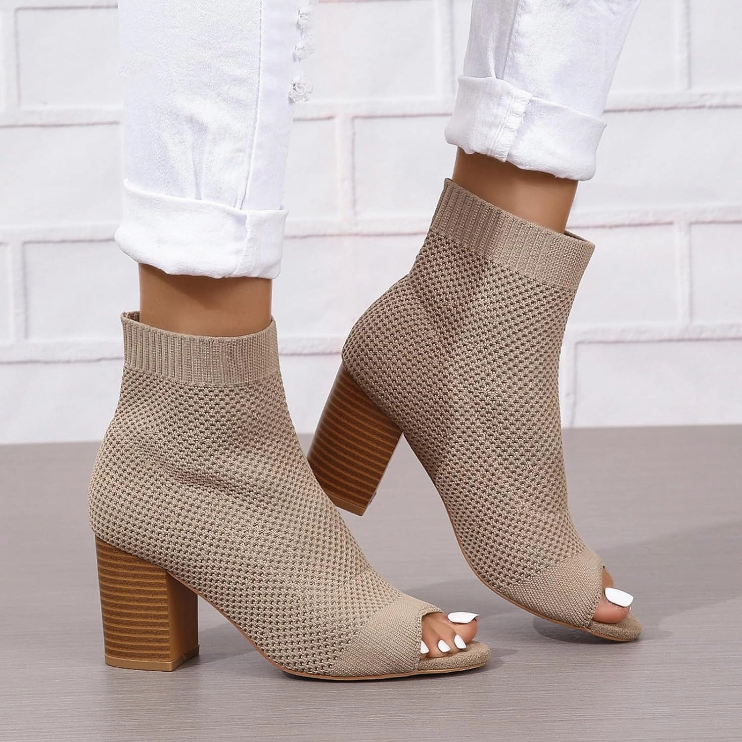 Zeberfi Women's Knit Peep Toe Chunky Block Heel Ankle Boots Fashion Open Pointed Toe Breathable Heeled Sandals Summer Casual Slip On Dress Sock Booties