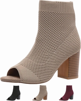 Zeberfi Women's Knit Peep Toe Chunky Block Heel Ankle Boots Fashion Open Pointed Toe Breathable Heeled Sandals Summer Casual Slip On Dress Sock Booties