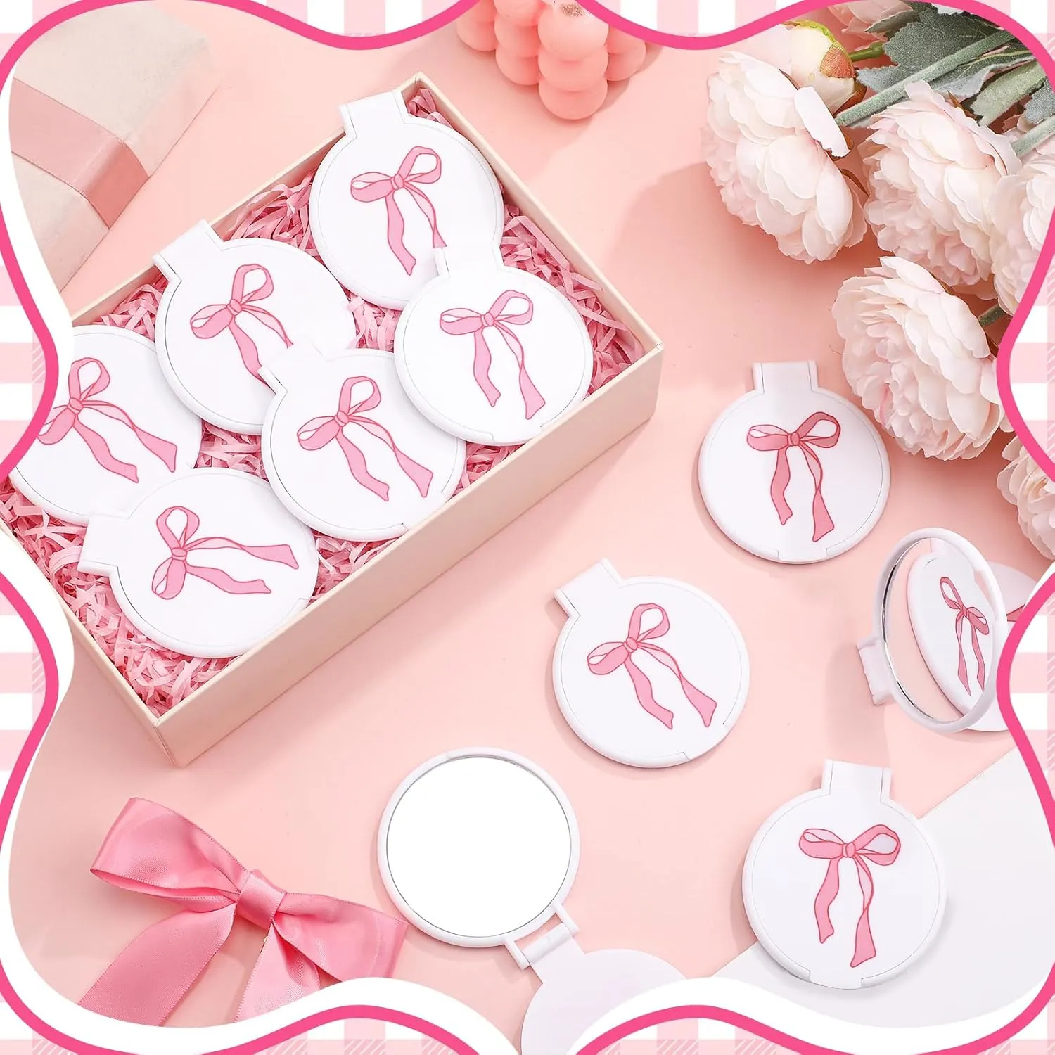 Zhehao 40 Pcs Pink Bow Coquette Mini Pocket Mirrors Compact Gifts Bulk for Women Bowknot Small Mini Round Makeup Mirrors Portable Pink Bow for Purse Women Birthday Bridal Shower Party Gift