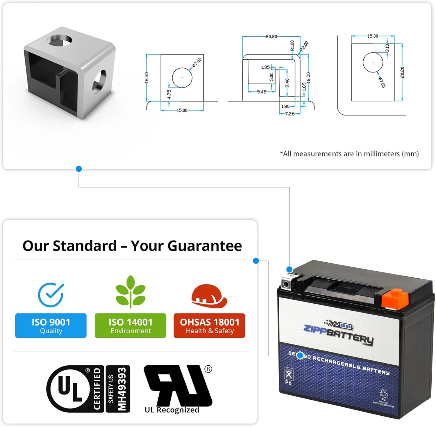 Zipp Battery YTX20L-BS Maintenance-Free 12V 19Ah Battery Replacement for ATV, Motorcycle, Jet Skis, Scooter, UTV, and More - Nut and Bolt (T3) Terminal