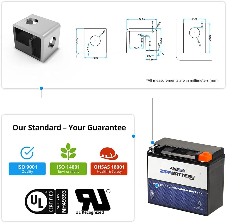 Zipp Battery YTX20L-BS Maintenance-Free 12V 19Ah Battery Replacement for ATV, Motorcycle, Jet Skis, Scooter, UTV, and More - Nut and Bolt (T3) Terminal