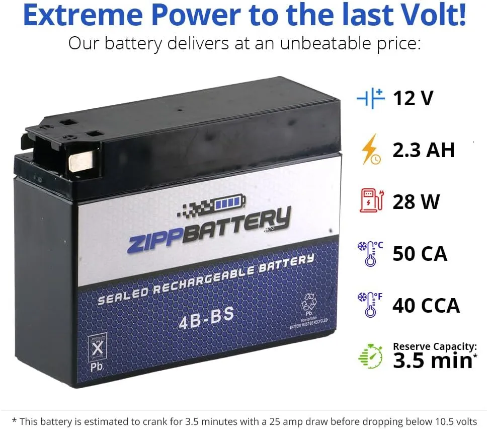 Zipp Battery YTX4B-BS Maintenance-Free 12V 2Ah Battery Replacement for ATV, Motorcycle, Jet Skis, Scooter, UTV, and More