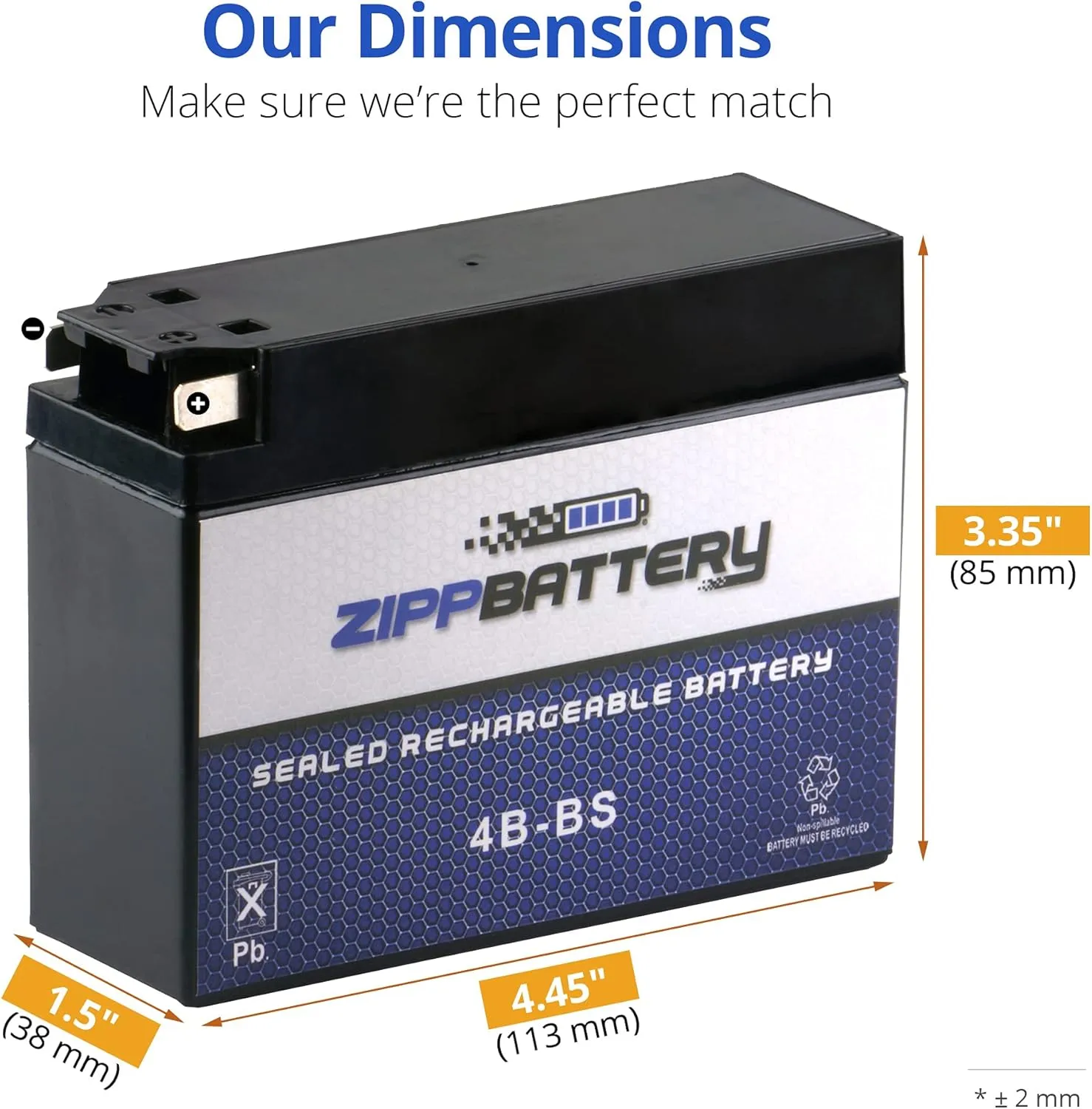 Zipp Battery YTX4B-BS Maintenance-Free 12V 2Ah Battery Replacement for ATV, Motorcycle, Jet Skis, Scooter, UTV, and More