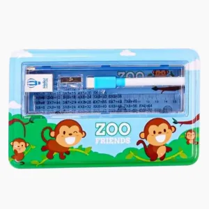 Zoo Friends Printed Metal Pencil Case for Kids (Light blue) - Pack of 1