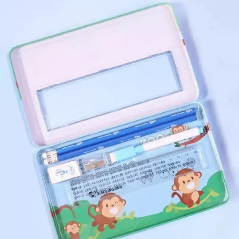 Zoo Friends Printed Metal Pencil Case for Kids (Light blue) - Pack of 1