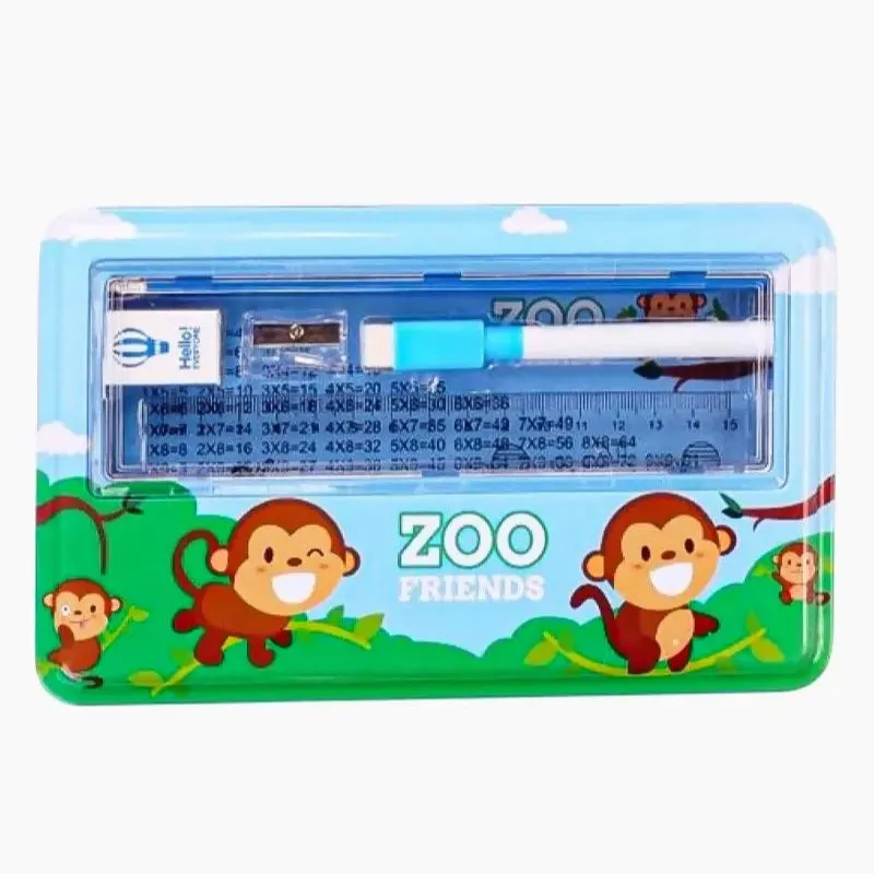 Zoo Friends Printed Metal Pencil Case for Kids (Light blue) - Pack of 1