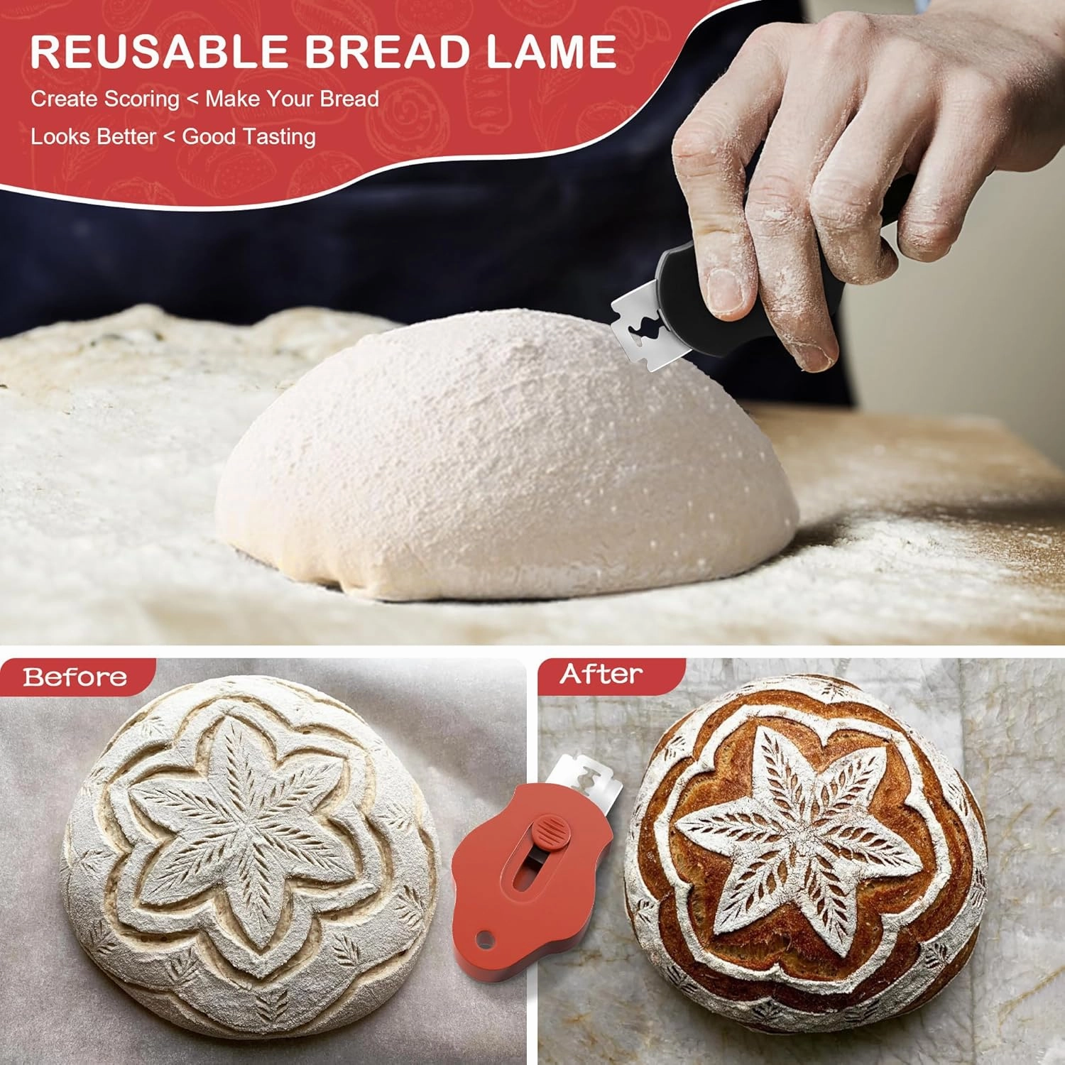 𝟐𝟎𝟐𝟒 𝐔𝐩𝐠𝐫𝐚𝐝𝐞𝐝 2 Pack Bread Lame for Dough, Extractable & Magnetic Bread Lame Tool with 5PCS Blades for Artisan Bread, Essential Sourdough Bread Baking Supplies